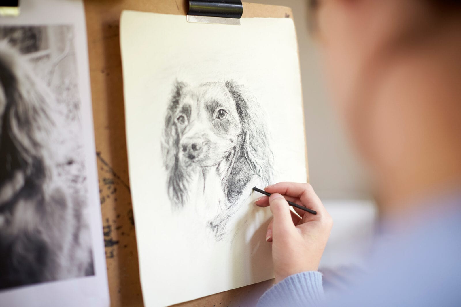 Rear View Of Female Teenage Artist Sitting At Easel Drawing Picture Of Dog From Photograph In Charcoal