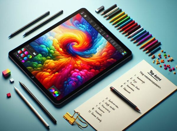 An overhead view of an iPad with a brightly colored digital painting on the screen, demonstrates the potential of top-tier art applications