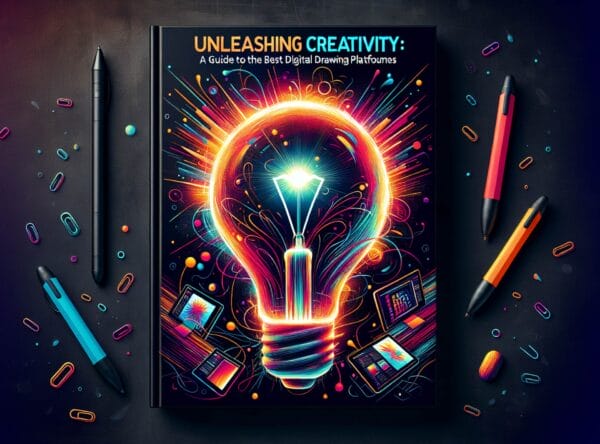 An illustrative guide showcasing the best digital drawing platforms. The cover features a brilliantly lit, stylized light bulb, a universal symbol for ideas and creativity, shining brightly against a dark background.