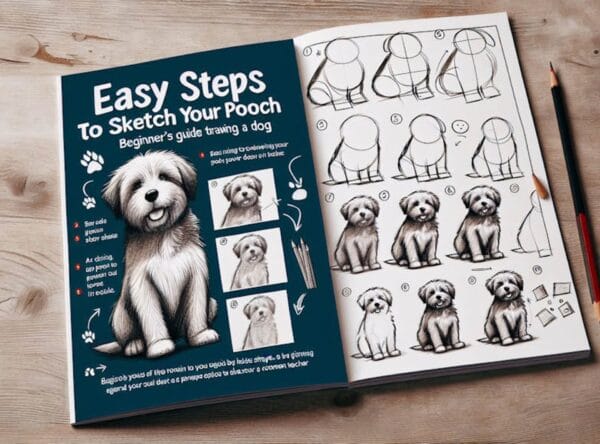 conceptual illustration depicting a fictional book of instructions for drawing a dog