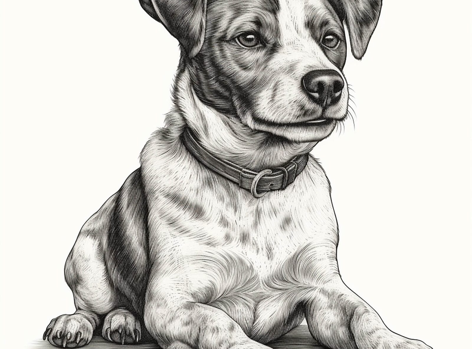 Jack Russell Terrier, engraving style, close-up portrait, black and white drawing, cute dog