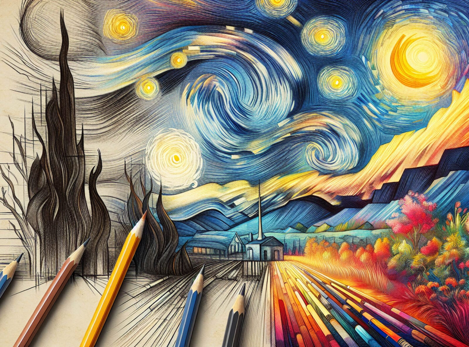 This scene represents a raw pencil sketch on one side of the frame, all lines and shadings. Gradually, it takes on color, dimensionality, and the polished look of a digital masterpiece towards the other side. The style is close to an impressionist painting, a Van Gogh-like texture but incorporating elements unique to digital art, like vector shapes and vibrant color gradients. This amalgamation creates a bridge between traditional and modern art forms, exemplifying the progression from pencil to pixels.