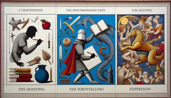 A triptych depicting the evolution of storytelling: left panel shows a draftsman with tools and an apple, center has a knight with a dragon, and right features a dragon with a crowd. Each panel includes text with creative misspellings.