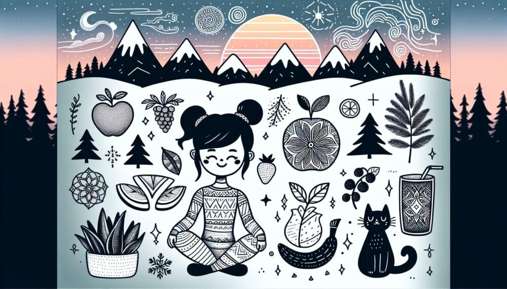 A whimsical black-and-white illustration of a person sitting cross-legged in meditation. Surrounding them are stylized plants, fruits, a cat, and a drink. Mountains and a colorful sun set in the background, with swirling clouds and stars above. She is trying to think of what to draw when bored.