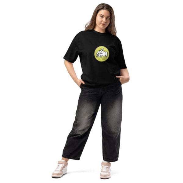 female model wearing logo t-shirt